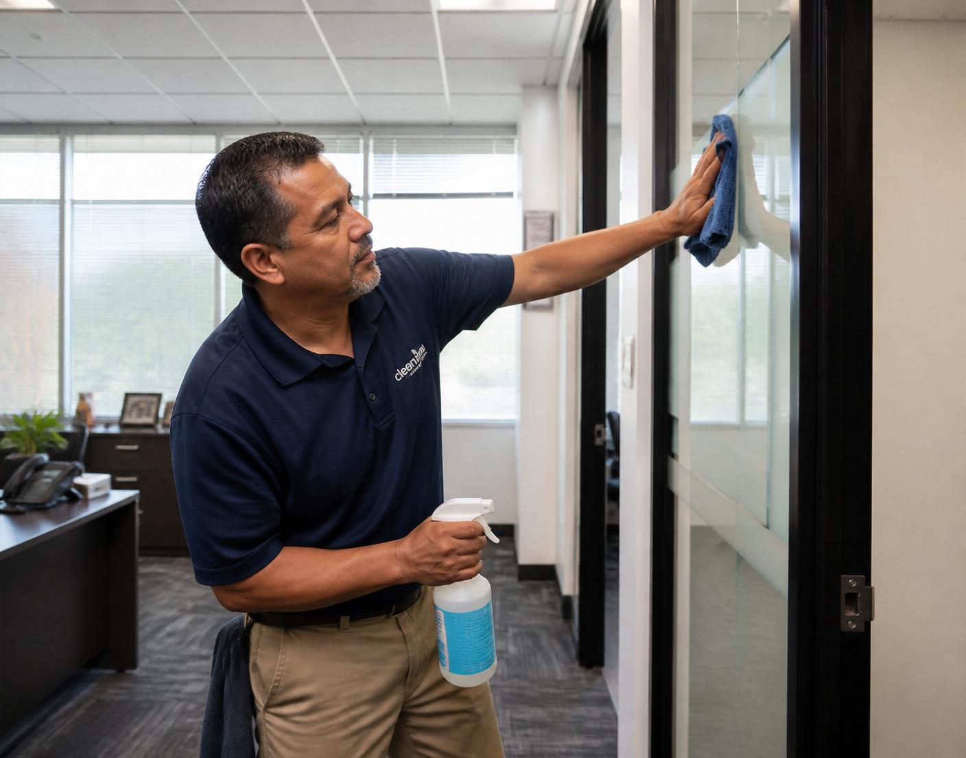 Uniformed commercial cleaning crew servicing an office building
