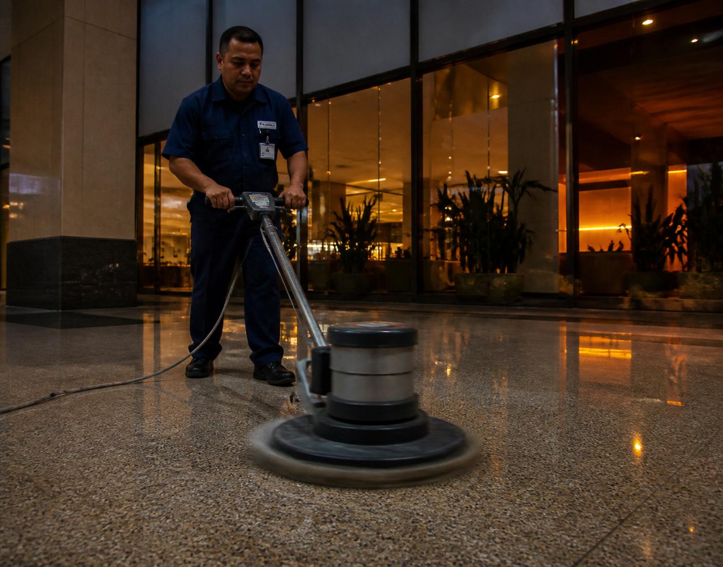Cleaning technician polishing floors in a commercial lobby