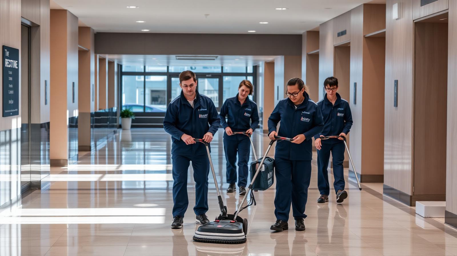 Professional commercial cleaning crew working in a modern corporate lobby