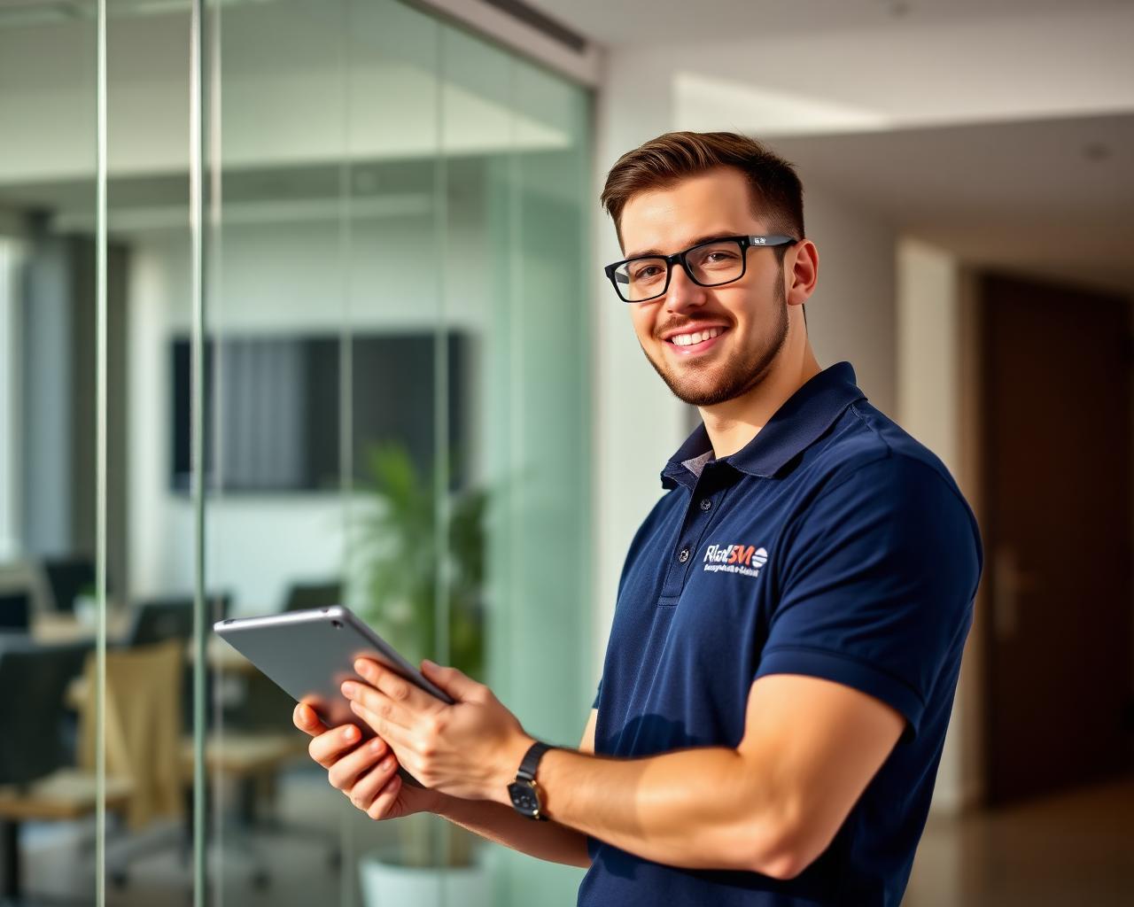 Facility manager in branded uniform holding a tablet inside a modern corporate office